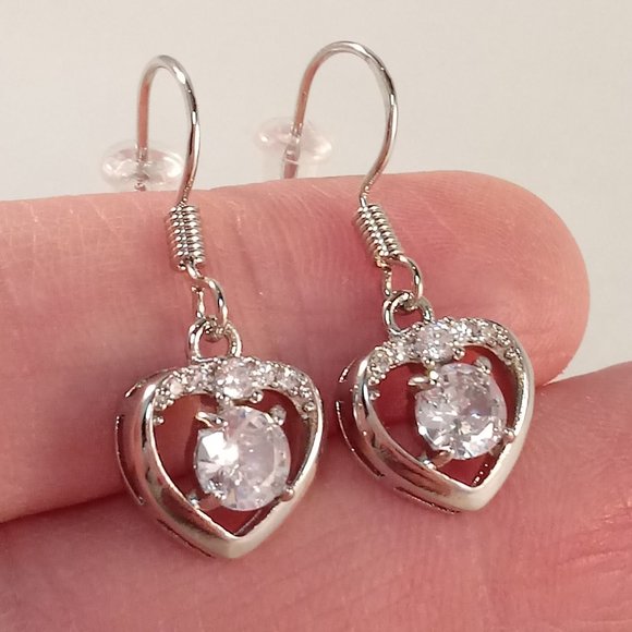 925 Sterling Silver Heart Romantic Diamond Zircon Dangle Earrings - Picture 4 of 4
